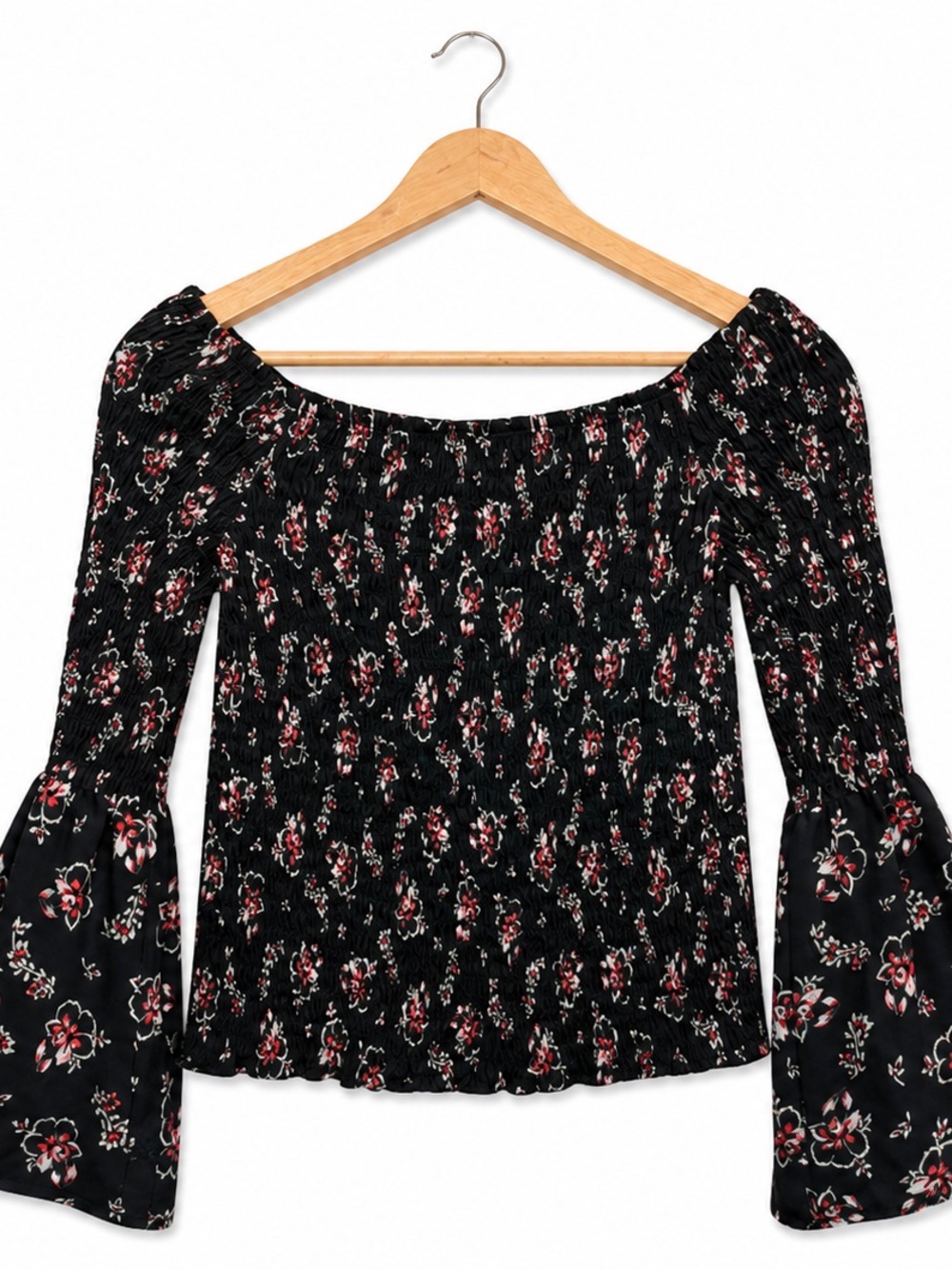 Vintage Express Off Shoulder Floral Smocked Top | Y2K Bell Sleeve Peasant Blouse
